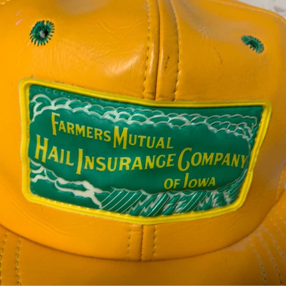 Vintage Farmers Mutual Hail Yellow Faux Leather Trucker Hat USA - Picture 4 of 6